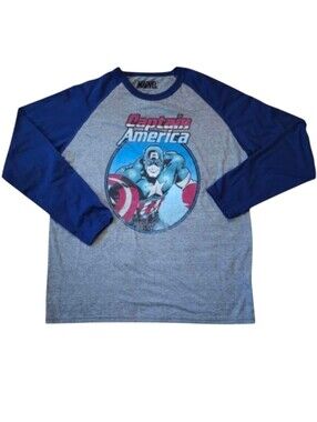 Captain America Large Gray with Blue Raglan Sleeves Marvel Superhero Tee Shirt